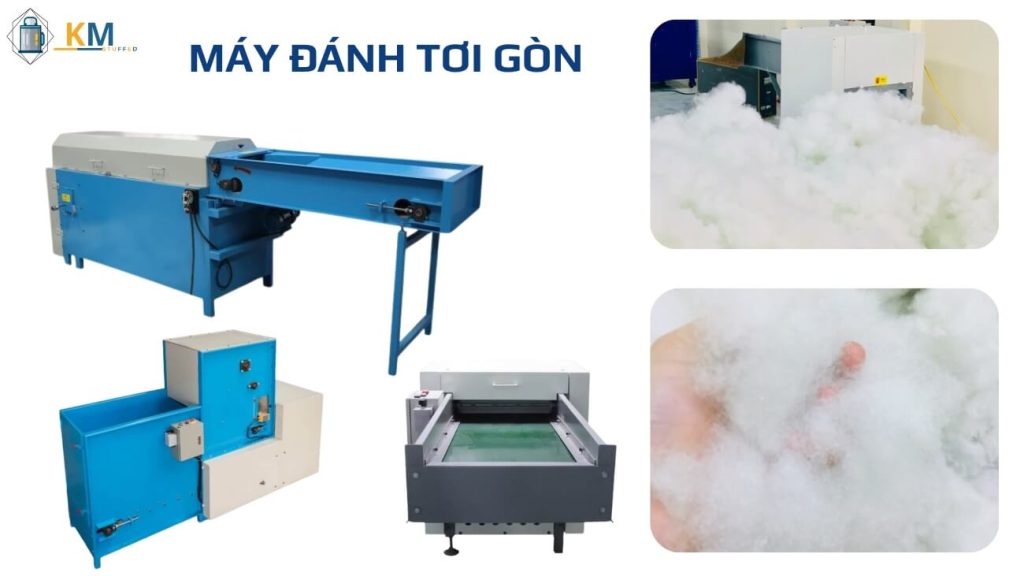 3 mẫu máy đánh tơi gòn và bông gòn sau khi được xử lý qua máy đồng đều, mềm mịn
