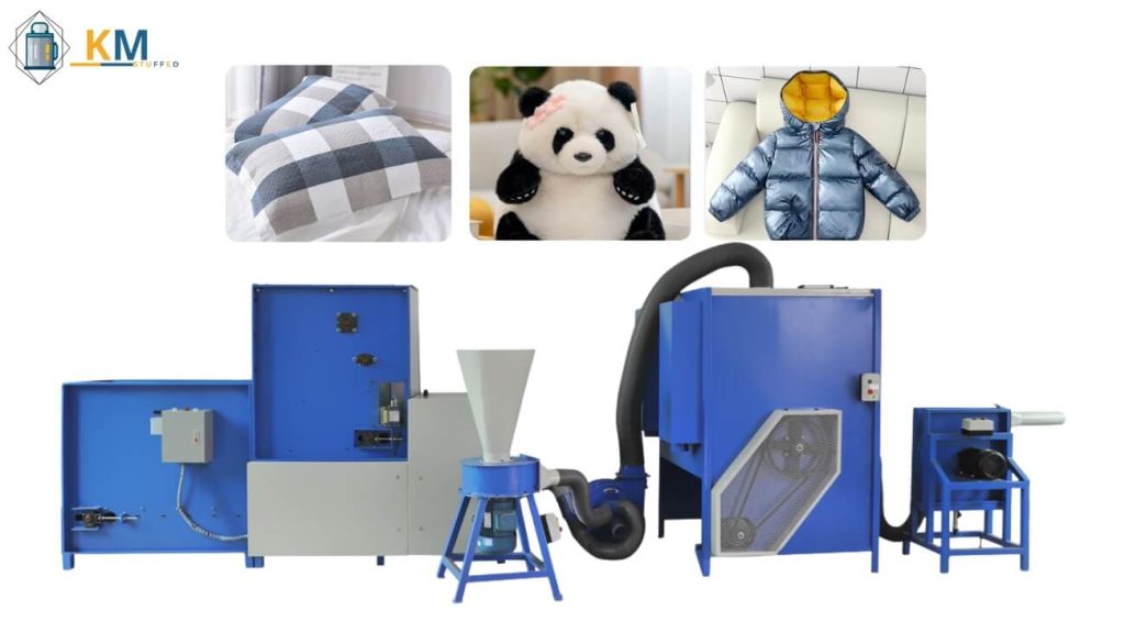 Quy trình sản xuất ngành dệt may bao gồm máy xay mút vụn, máy rải và đánh gòn kết hợp tự động và cho qua máy thổi gòn để tạo ra những sản phẩm gối, thú nhồi bông và áo ấm